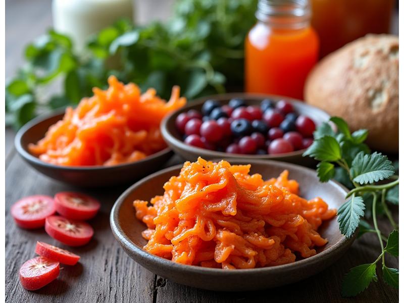 Close-up of diverse fermented foods like kimchi and yogurt