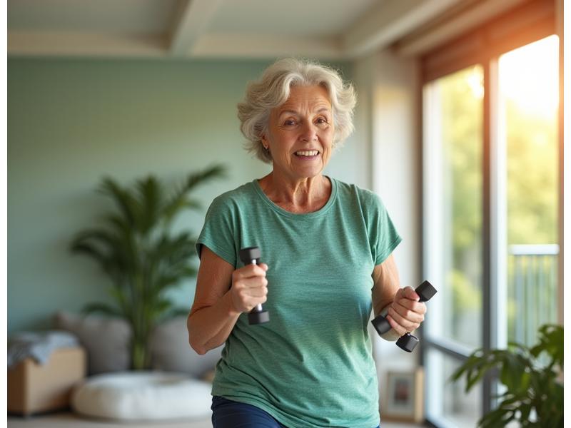 Older adult engaged in light strength training with weights