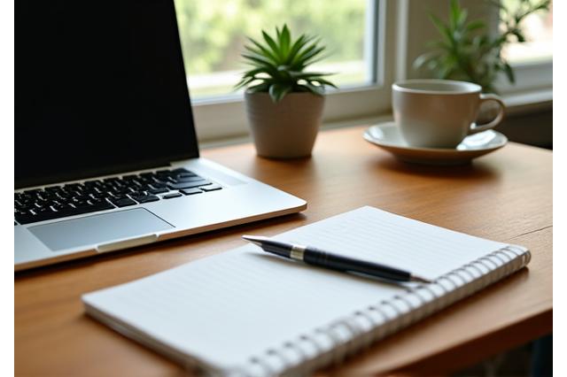 Peaceful desk setup with a laptop, notebook, and aplant, symbolizing communication and wellness.